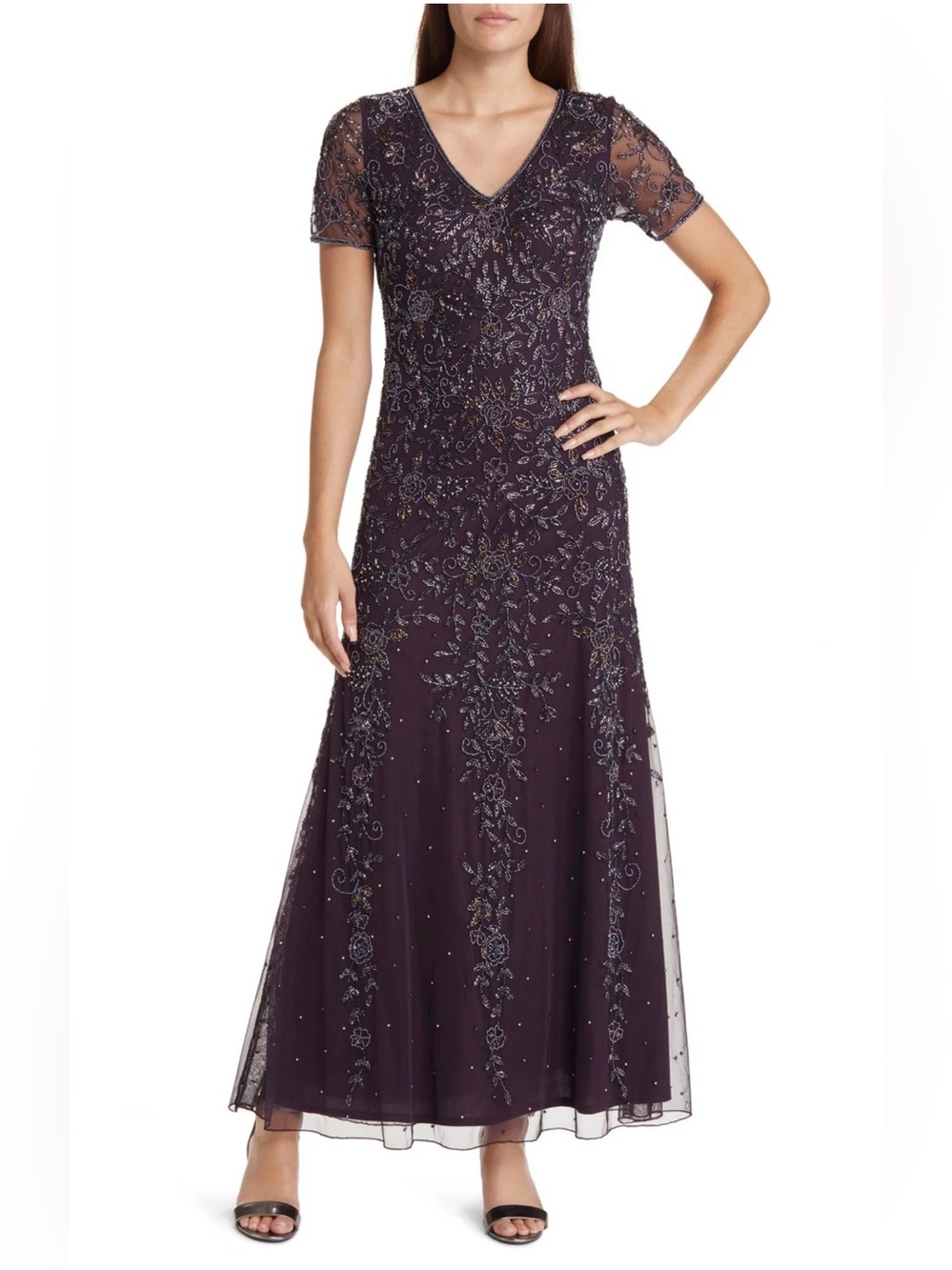NWT Pisarro Nights Beaded Chiffon Gown in Wine Sz 10